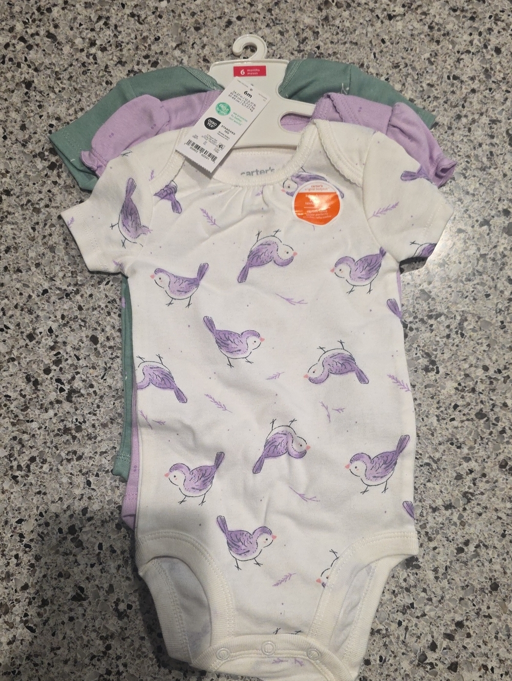 Carter's White One-Piece Bodysuit with Purple Bird Print and Pastel Accents
